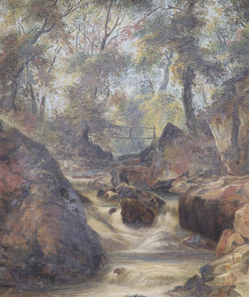 Victorian School, oil on canvas, Waterfall on the River Dart, label verso, 35 x 29cm